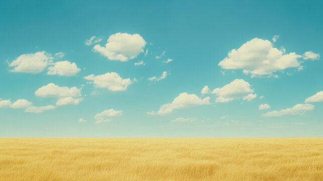 A vast golden field of ripe wheat sways gently in the breeze under a bright blue sky dotted with fluffy white clouds, creating a serene and picturesque rural landscape.