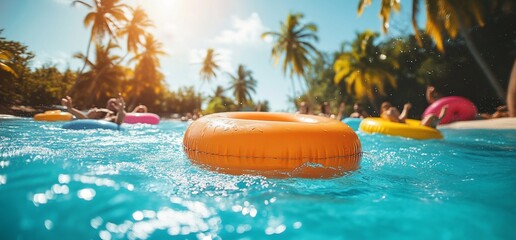 Obraz premium Tropical getaway: people relaxing on inflatables in azure blue water under palm trees