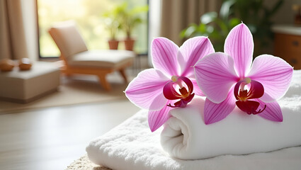 Elegant Pink Orchid on White Towel: Luxurious Floral Decor for a Serene Spa Salon Atmosphere - A Simple Flat Vector Illustration for Your Business