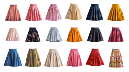 A vibrant collection of various pleated skirts displayed in a visually appealing arrangement, showcasing diverse patterns and colors