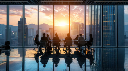 team meeting in high rise office with sunset view over city