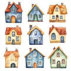 Fototapeta premium Collection of whimsical watercolor houses. Charming and colorful illustrations of various homes, each with unique architectural details. Perfect for children's books, stationary, or home decor