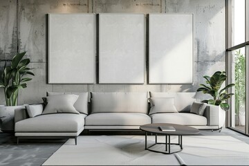 Detailed Color Image of Living Room with Three Empty Posters and Cozy Furniture