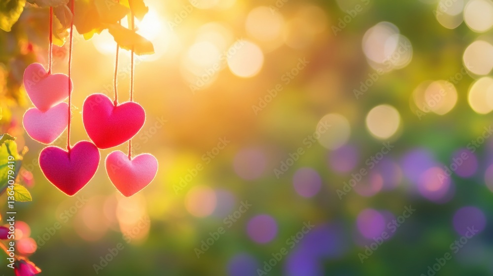 Poster hearts in pink and red dangle from a string in a vibrant garden, illuminated by soft sunlight and su