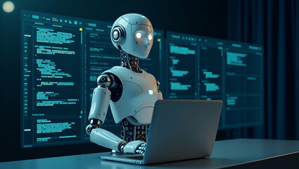 Flat Man Utilizing AI Technology Tools for Chatbot Image Generation, Coding, and Data Analysis with Smart Robot AI Support in a Cute Vector Illustration