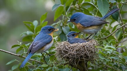 Tender Care: A Dull Blue Flycatcher Nourishing Its Young in a Secret Nest