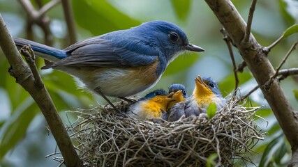 Caring Embrace: A Dull Blue Flycatcher Feeding Its Nestlings