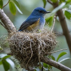 Parental Devotion: A Dull Blue Flycatcher with Its Chicks in a Cozy Nest