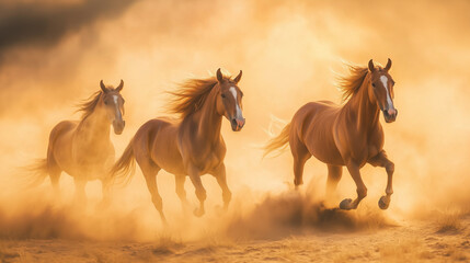 Majestic horses gallop through desert dust, embodying freedom and untamed spirit in golden light.