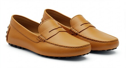 Naklejka premium Stylish Tan Leather Men s Penny Loafers Comfortable Driving Shoes Casual Footwear