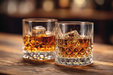 Two glasses of whiskey on a wooden table, bathed in warm light.