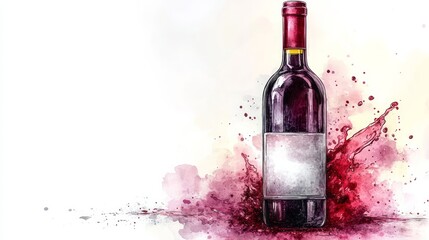 Stylized watercolor painting showcases a red wine bottle elegantly