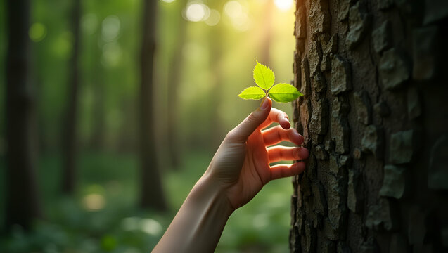 Human hand or young woman touching tree in forest concept of love for nature protecting from deforestation pollution climate change concept as Human hand or young woman touching tree in forest symboli