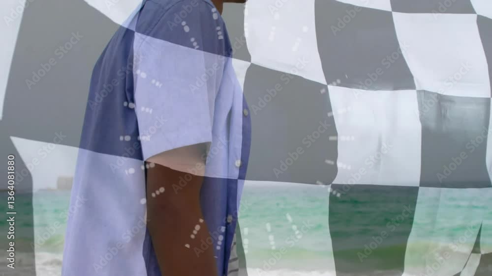 Poster standing by ocean, person with animation of checkered pattern and abstract elements