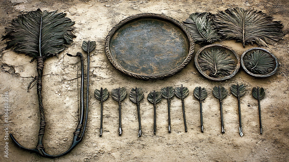 Poster an array of vintage tools and decorative elements arranged on the surface