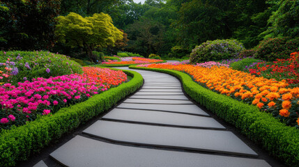 Obraz premium vibrant garden path winds through stunning array of colorful flowers, showcasing harmonious blend of pink, orange, and green hues. lush landscape invites tranquility and beauty