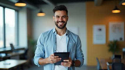 Smiling Latin Male Project Manager in Office Using Tablet - Stock Photo
