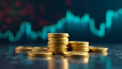 Flat Stacked Gold Coins Reflecting on Table with Financial Stock Market Graph Background