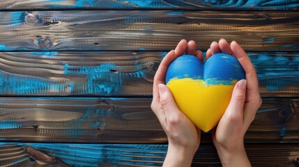 hands hold a heart patriotically filled with the yellow and blue flag of Ukraine.