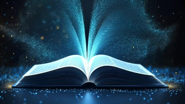 Open book with glowing pages and particles creating a magical reading experience