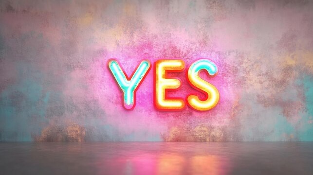 A vibrant neon sign lights up with the word yes, set against a textured wall in shades of pink and blue, creating an uplifting atmosphere
