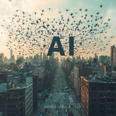 Innovative AI Aerial Cityscape: Modern Technology Meets Urban Environment in Futuristic Drone-Driven Metropolis