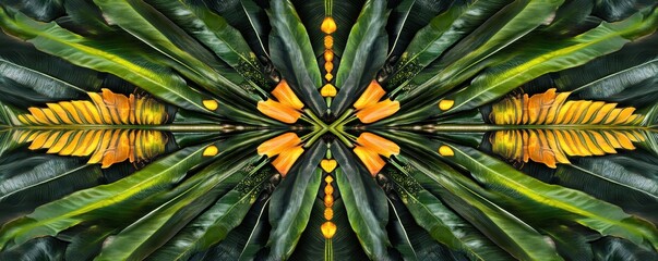 Obraz premium A vibrant green and yellow flower blooms gracefully at the center, its petals radiating warmth. Lush green leaves encircle it, creating a lively, natural backdrop that enhances its beauty.