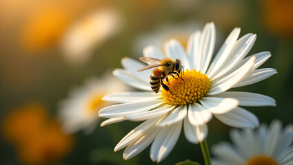 Obraz premium Flat Bee Collects Nectar from White Chrysanthemum Flowers in Autumn Garden - A Cute Vector Illustration