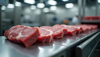 High-Quality Raw Beef on Conveyor Belt in Modern Meat Processing Facility: Industrial Food Production & Quality Control Showcase with Empty Space for Customization - Stock Photo Concept