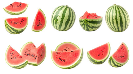 Freshly cut watermelon slices arranged artistically on a white background, showcasing vibrant colors and textures
