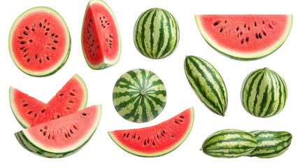 Freshly cut watermelons displayed artistically on a white background, showcasing vibrant colors and textures