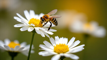 Obraz premium Flat Bee Collects Nectar from White Chrysanthemum Flowers in Autumn Garden - A Cute Vector Illustration