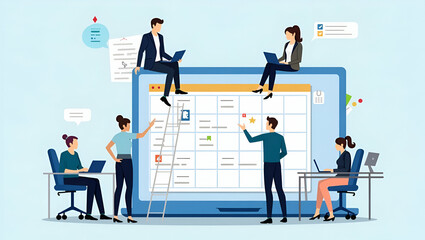 Boost Your Business Productivity: Flat Vector Illustration of a Team Collaborating on Digital Calendar Planning - Perfect for Stock Photo Concepts with Space for Customization