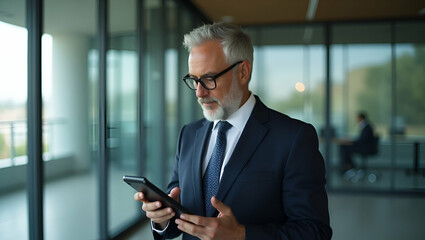 Middle aged business man wearing suit using cellphone looking away in office mature older businessman executive leader wearing suit holding mobile phone at work standing with smartphone in hands. conc