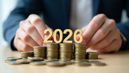 Man Places Gold Wooden '2026' on Coin Stack: Symbolizing Tax Payment, Investment Banking, and Financial Planning for the New Year - Stock Photo Concept