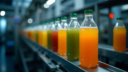 Production of Beverage Bottles: Factory Manufacturing Machines & Conveyor Automation in Juice Production