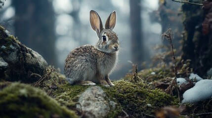 Obraz premium A small, gray rabbit sits amidst mossy rocks in a misty forest.