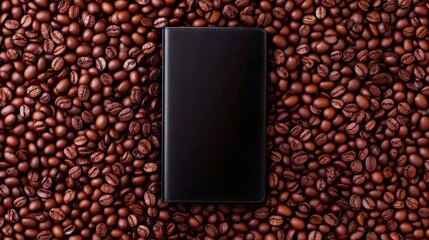 A black journal rests amidst a rich collection of coffee beans, inviting creativity and contemplation in a cozy setting perfect for writing