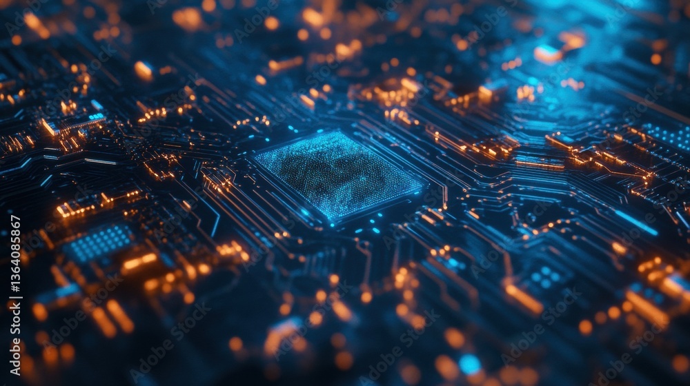 Poster a close-up view captures a complex circuit board, showcasing vibrant blue and orange lights highligh