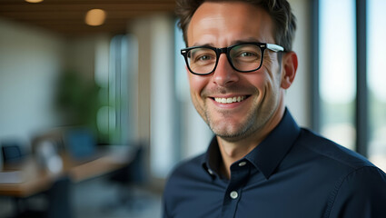 Obraz premium Confident Leadership: Flat Vector Illustration of a 45-Year-Old Banker in Glasses, Showcasing Proven Expertise and Strong Financial Vision in a Bright Office Environment