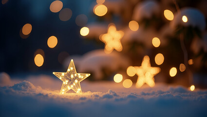 Defocused Christmas Stars and Snowflakes: Winter Holiday Ambiance