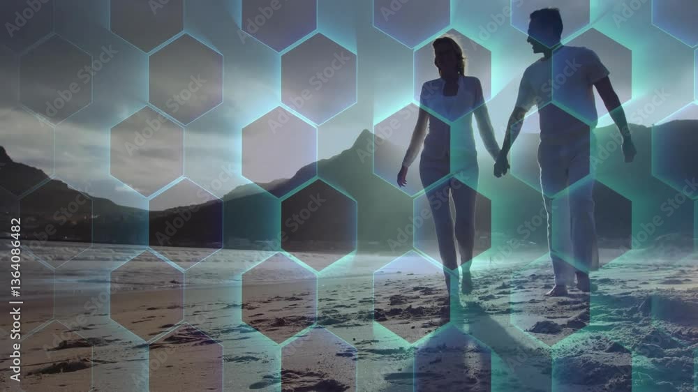 Poster walking on beach, couple with animation of hexagonal pattern overlaying scene