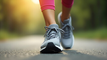 Flat Close up of running shoes worn by a fitness woman training and jogging representing health fitness and active lifestyle pursuits. concept as Close up of running shoes worn by fitness woman traini