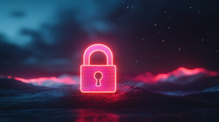 glowing padlock symbol represents security in digital landscape, surrounded by vibrant, colorful background. This evokes sense of protection and safety in realm of technology