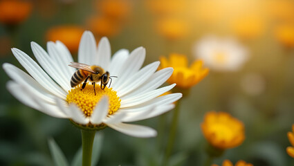 Obraz premium Flat Bee Collecting Nectar from White Chrysanthemums: Autumn Garden Beauty