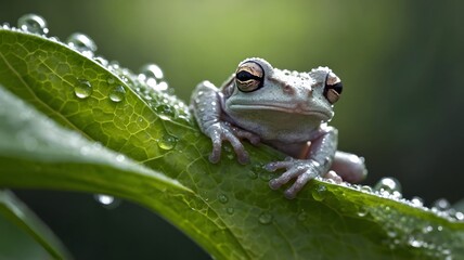 Cope's Gray Treefrog Resting on a Dewy Leaf in Gentle Morning Light