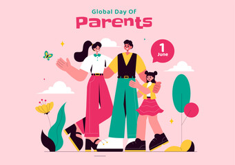 Global Day of Parents Vector Illustration featuring the Importance of Parenthood and Togetherness Between Mother, Father, and Kids in a Background