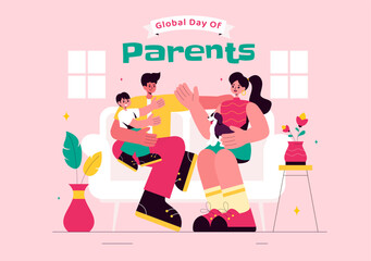 Obraz premium Global Day of Parents Vector Illustration featuring the Importance of Parenthood and Togetherness Between Mother, Father, and Kids in a Background