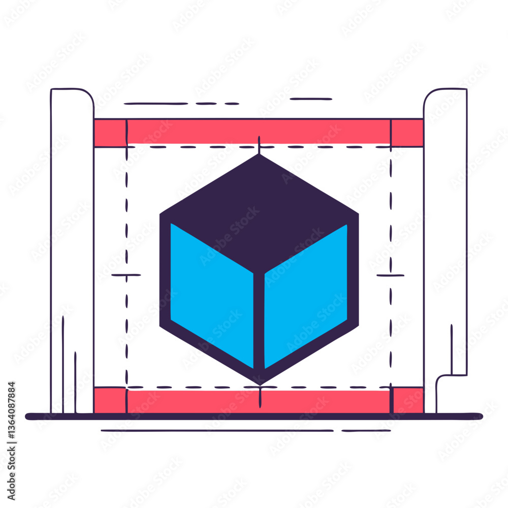 Poster a vibrant blue cube perfectly positioned within a clean architectural framework, showcasing precisio