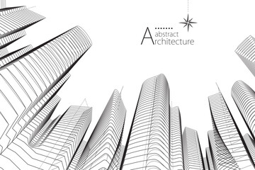 3D illustration of an abstract concept showcasing imaginative architectural perspective line drawings of buildings.